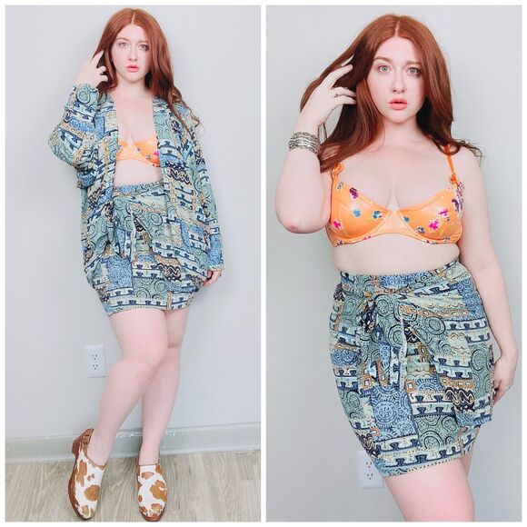 1990s Vintage Blue Southwestern Sarong Skirt Set / 90s Rayon Cocoon Jacket 10 - Picture 1 of 10